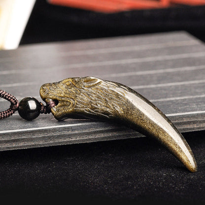 Mythstone Natural Black Obsidian Ice Obsidian Rainbow Obsidian Wolf Tooth Pattern Strength Necklace Pendant