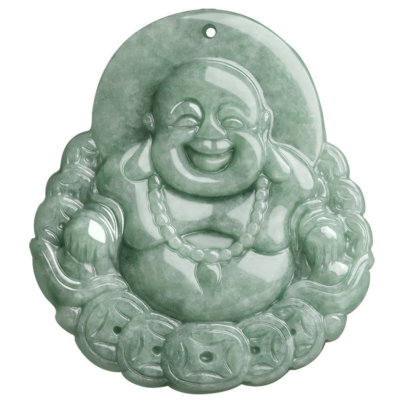 Mythstone Laughing Buddha Natural Jade Copper Coin Abundance Necklace Pendant