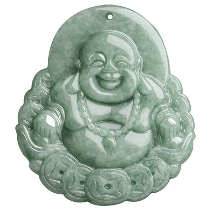 Mythstone Laughing Buddha Natural Jade Copper Coin Abundance Necklace Pendant