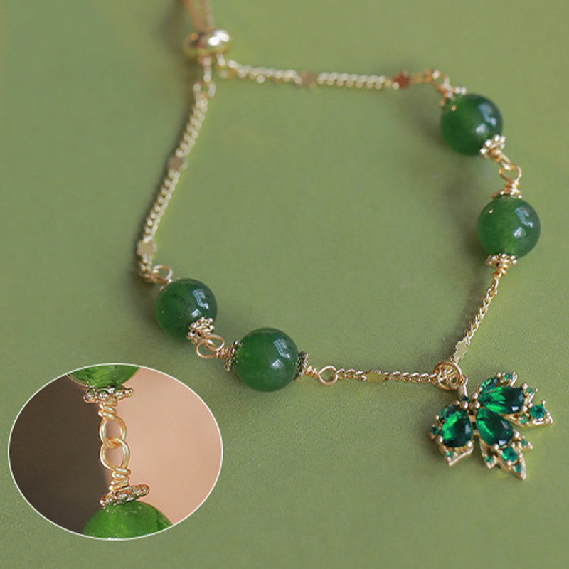 Mythstone 14k Gold Plated Green Chalcedony Maple Leaf Courage Strength Bracelet