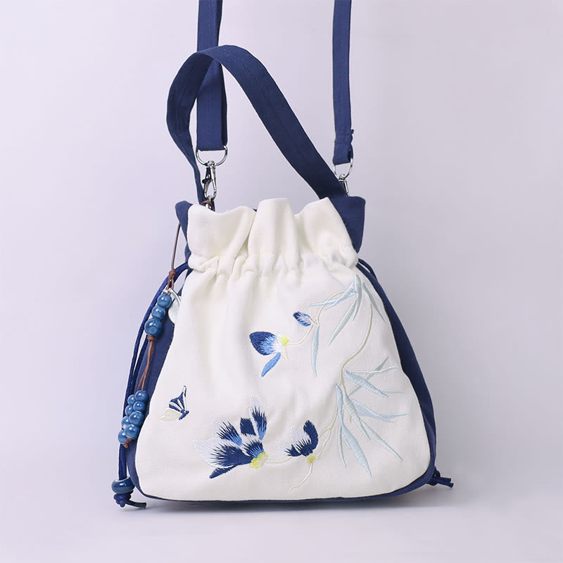 Mythstone Embroidered Butterfly Lotus Magnolia Cotton Linen Tote Crossbody Bag Shoulder Bag Handbag