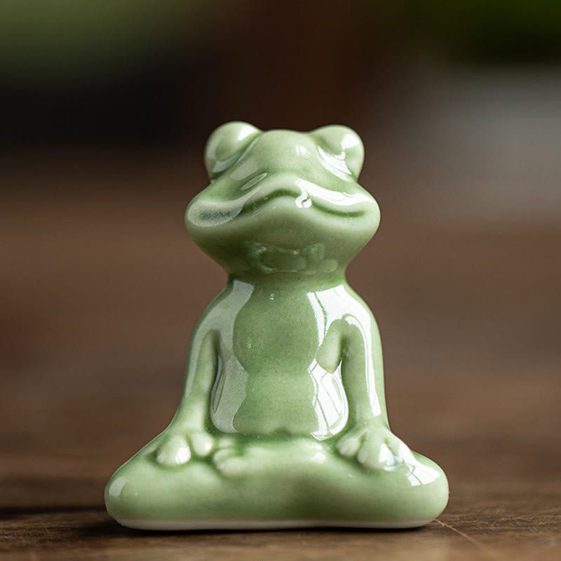 Mythstone Mini Small Meditation Lotus Resting Frog Ceramic Wealth Luck Home Tea Pet Figurine Decoration