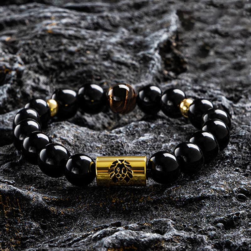 Mythstone Black Onyx Tiger Eye Bead Lion Engraved Protection Bracelet