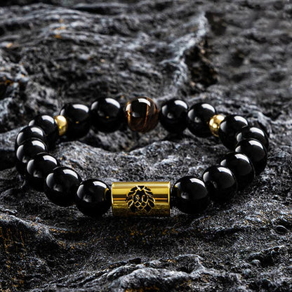 Mythstone Black Onyx Tiger Eye Bead Lion Engraved Protection Bracelet