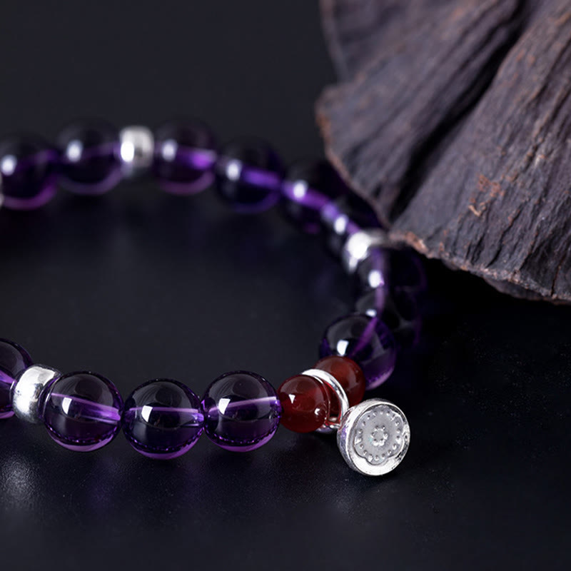 Mythstone 925 Sterling Silver Natural Amethyst Red Agate Lotus Positive Bracelet