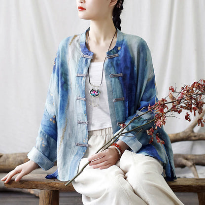 Mythstone Blue White Beige Small Flower Frog-button Design Long Sleeve Ramie Linen Jacket Shirt