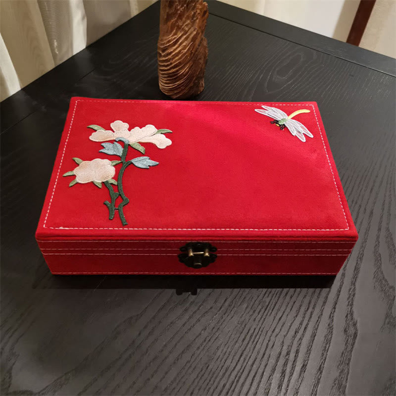 Mythstone Flowers Dragonfly Jewelry Box Organizer Single Layer Jewelry Storage Box Flannel Box