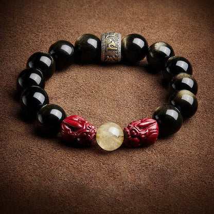 Mythstone Gold Sheen Obsidian PiXiu Cinnabar Om Mani Padme Hum Protection Bracelet