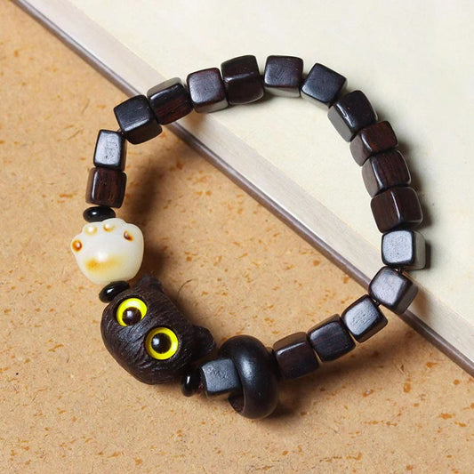 Mythstone Ebony Wood Cute Cat Bodhi Seed Paw Claw Square Beads Calm Bracelet