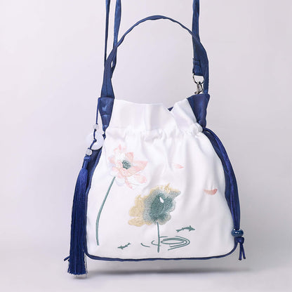 Mythstone Embroidered Lotus Koi Fish Crane Camellia Cotton Linen Tote Crossbody Bag Shoulder Bag Handbag