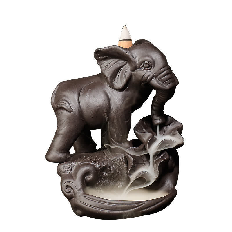 Mythstone Tibetan Elephant Purple Clay Backflow Smoke Fountain Peace Healing Incense Burner Decoration