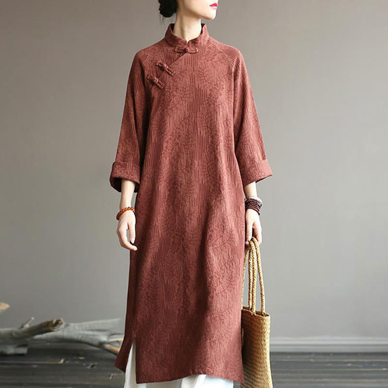 Mythstone Flower Jacquard Midi Dress Long Sleeve Cotton Linen Dress Wide Leg Pants With Pockets