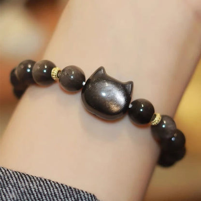 Mythstone Gold Sheen Obsidian Silver Sheen Obsidian Lovely Paw Lucky Cat Protection Bracelet