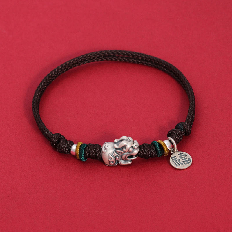 Mythstone 925 Sterling Silver PiXiu Fu Character Wealth Luck Handmade Braided Bracelet