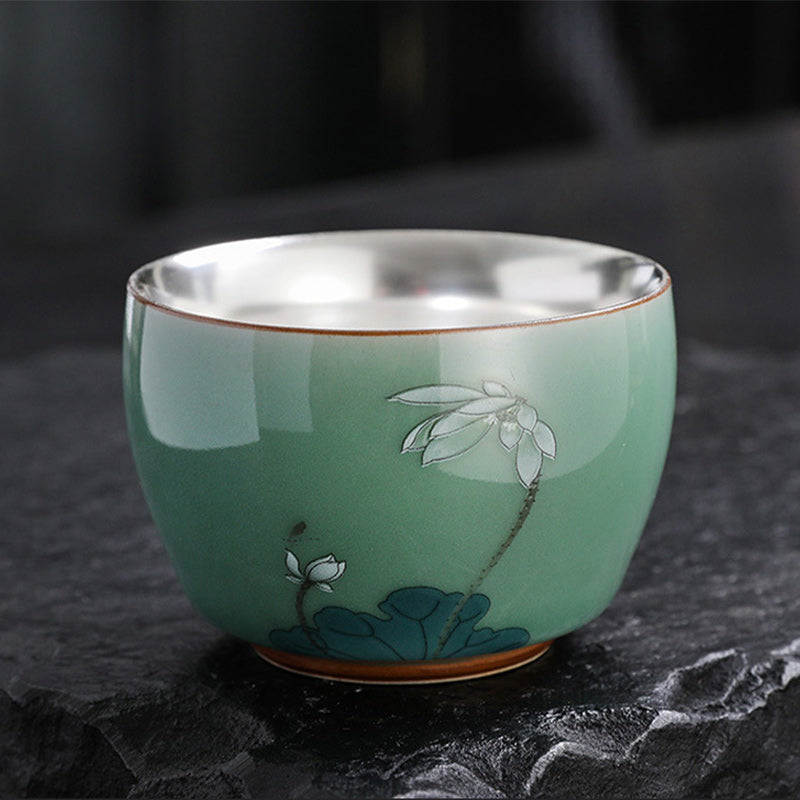 Mythstone 999 Sterling Silver Gilding Butterfly Goldfish Lotus Koi Fish Ceramic Teacup Kung Fu Tea Cup 120ml