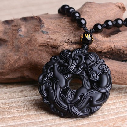 Colgante de collar de purificación Pixiu con hebilla de paz de obsidiana negra natural de Mythstone 