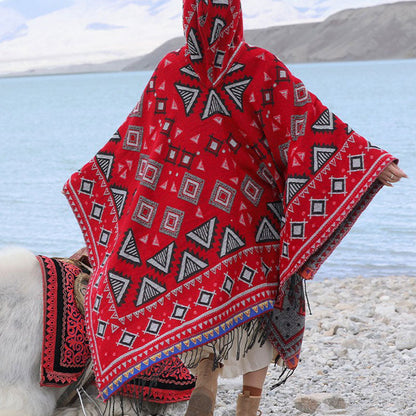 Chal tibetano Mythstone con capucha y estampado de triángulos, bufanda de viaje acogedora para el invierno