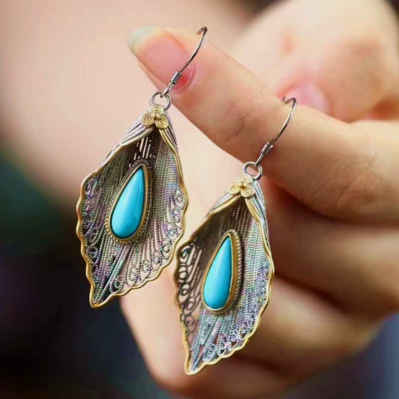 Mythstone 925 Sterling Silver Turquoise Bodhi Leaf Pattern Protection Drop Dangle Earrings