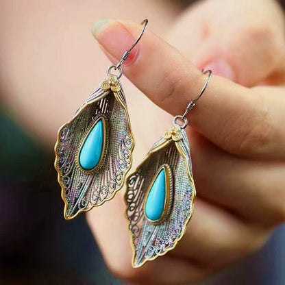 Mythstone 925 Sterling Silver Turquoise Bodhi Leaf Pattern Protection Drop Dangle Earrings