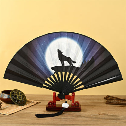 Mythstone Dragon Phoenix Tiger Crane Eagle Wolf Koi Fish Handheld Folding Fan Lotus Tassel Fan