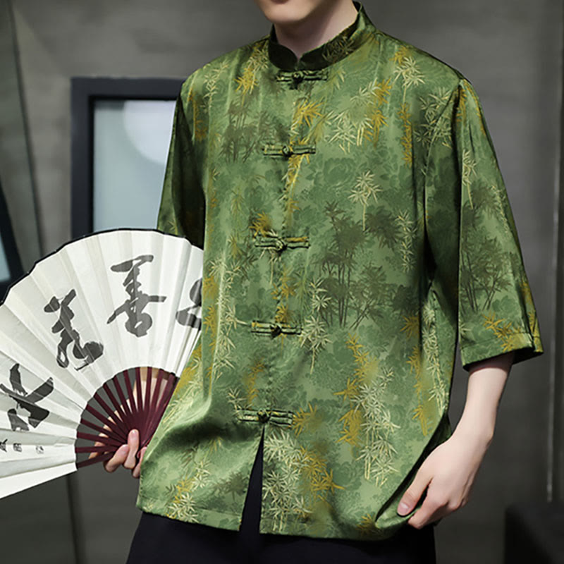 Mythstone Bamboo Leaves Pattern Chinese Half Sleeve Shirt Men T-shirt