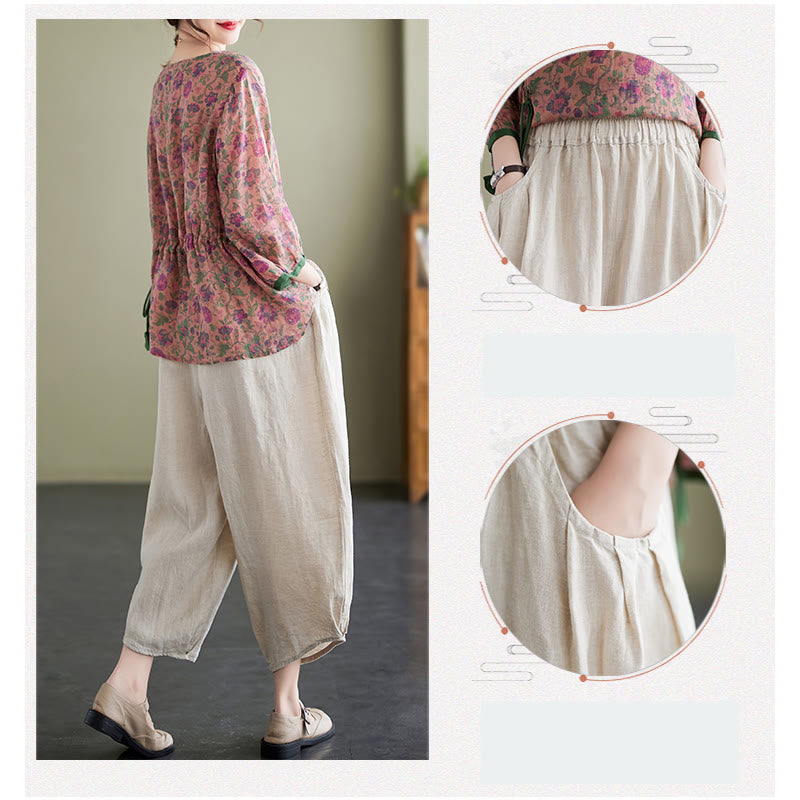 Mythstone 2Pcs Small Flower Tee T-shirt Cotton Linen Harem Pants Set