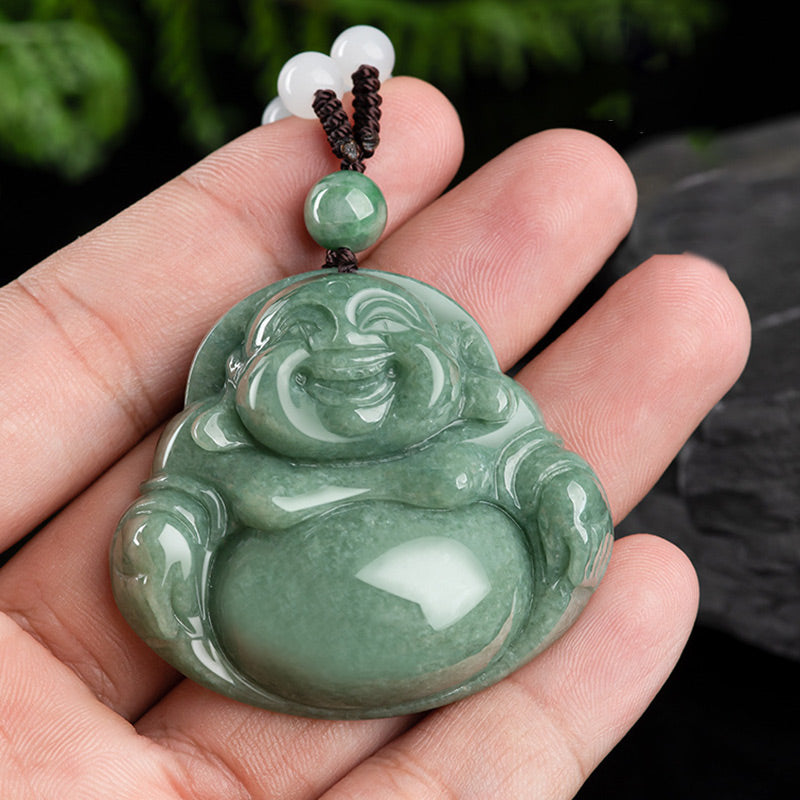 Mythstone Laughing Buddha Cyan Jade Harmony Necklace String Bead Pendant