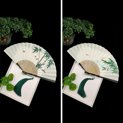 Mythstone Bamboo Koi Fish Crane Handheld Cotton Linen Folding Fan