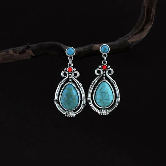 Mythstone Tibet Vintage Turquoise Waterdrop Strength Drop Dangle Earrings Clips