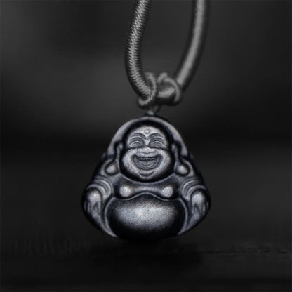 Mythstone Natural Silver Sheen Obsidian Laughing Buddha Protection Necklace Pendant