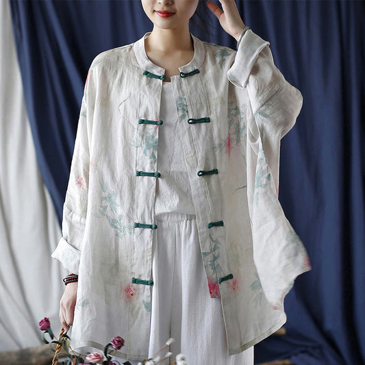 Mythstone White Red Flowers Green Leaves Frog-Button Long Sleeve Ramie Linen Jacket Shirt