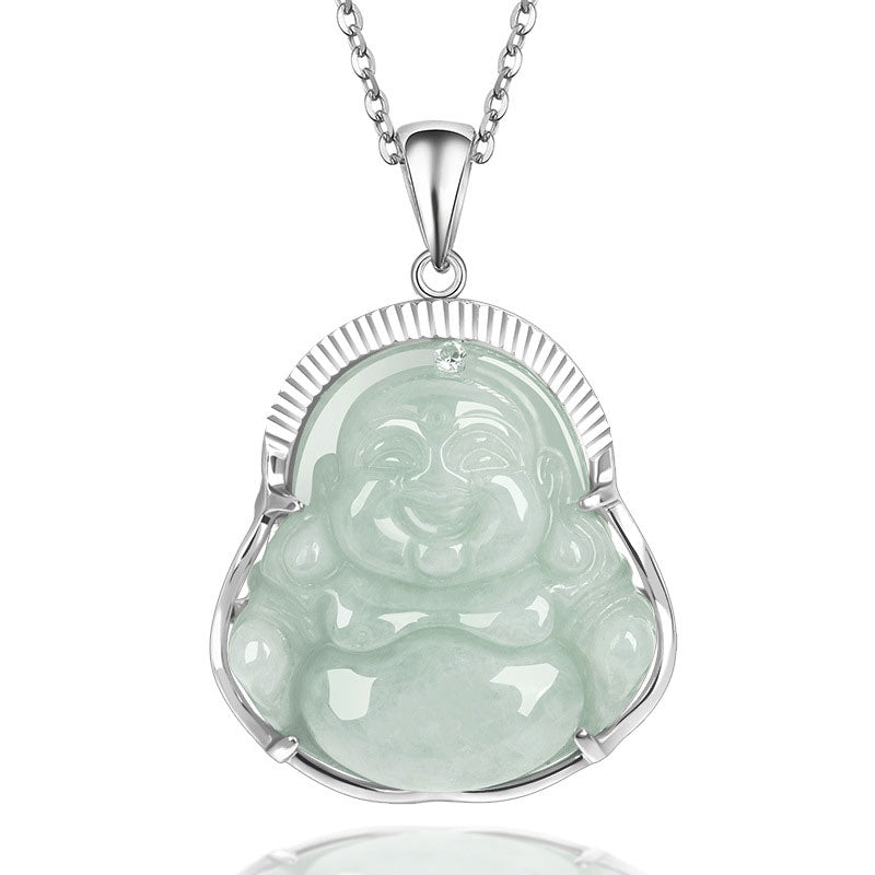 Mythstone 925 Sterling Silver Laughing Buddha Jade Luck Calm Necklace Chain Pendant