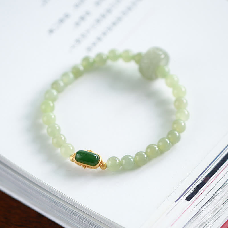 Mythstone 925 Sterling Silver Plated Gold Natural Hetian Jade Bead Gourd Lotus Bamboo Fu Character Luck Bracelet