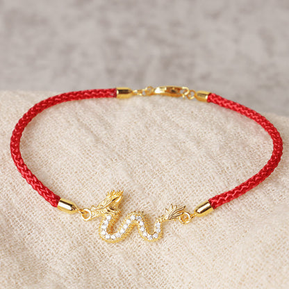 MythStone 925 Sterling Silver Year Of The Dragon Auspicious Golden Dragon Luck Red Rope Chain Bracelet