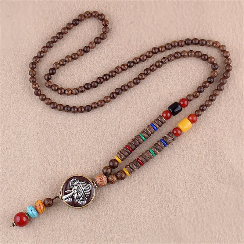 Mythstone Tibetan Wenge Wood Bodhi Seed Agate Elephant Protection Necklace Pendant