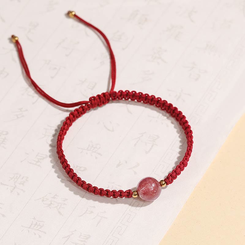 Pulsera tobillera tejida con hilo rojo y cristal de cuarzo fresa natural Mythstone