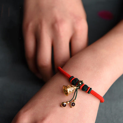 Mythstone 14K Gold Plated Copper Coin Bell Garnet Handcrafted Red Rope Bracelet