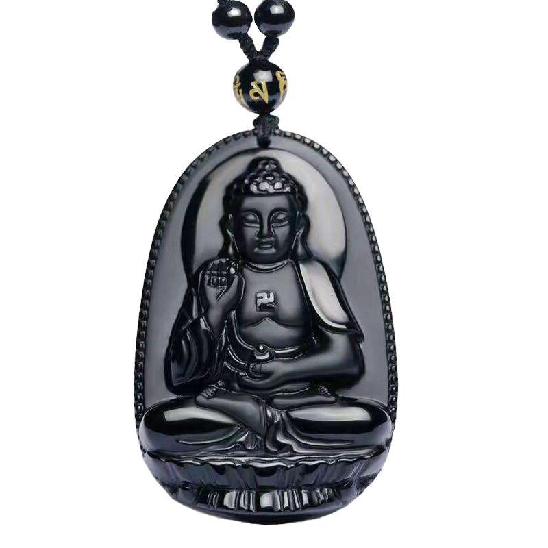 Mythstone Chinese Zodiac Obsidian Buddha Amulet Protection Pendant Necklace