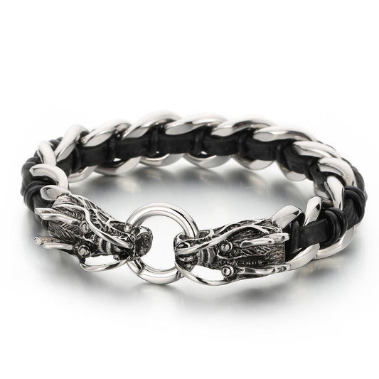 Mythstone Dragon Leather Titanium Steel Protection Luck Braided Bracelet