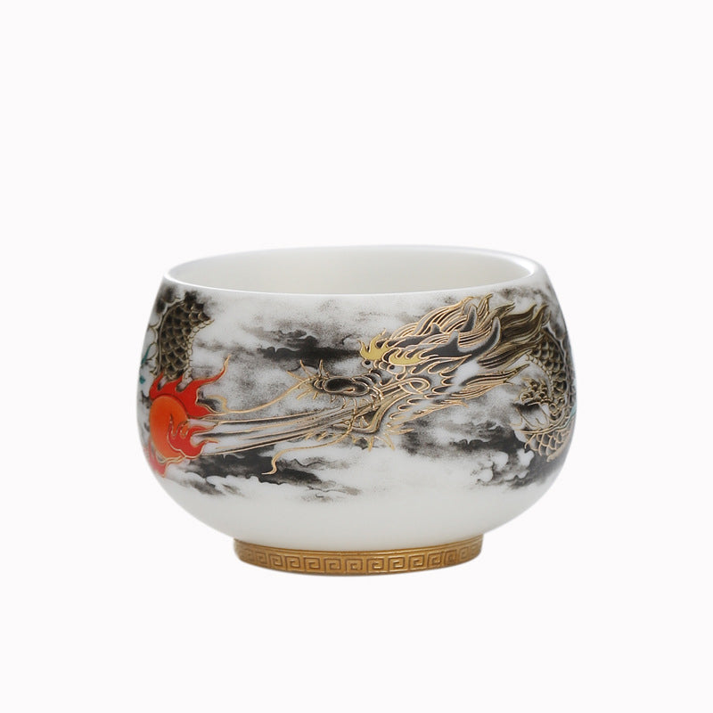 Mythstone Dragon Playing With Pearl Design White Porcelain Ceramic Teacup Kung Fu Tea Cup 160ml