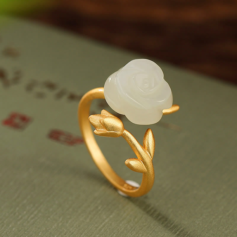 Mythstone 925 Sterling Silver Plated Gold Rose Flower Hetian White Jade Happiness Ring