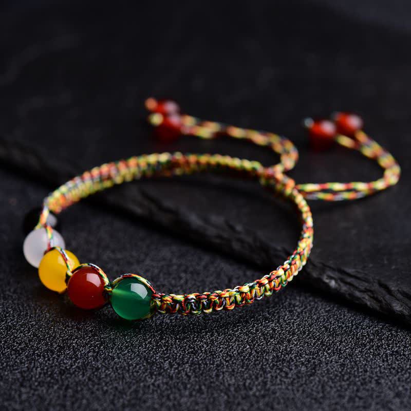 Pulsera de hilo con cinco elementos de piedra mitológica, ágata colorida, metal, madera, agua, fuego y tierra