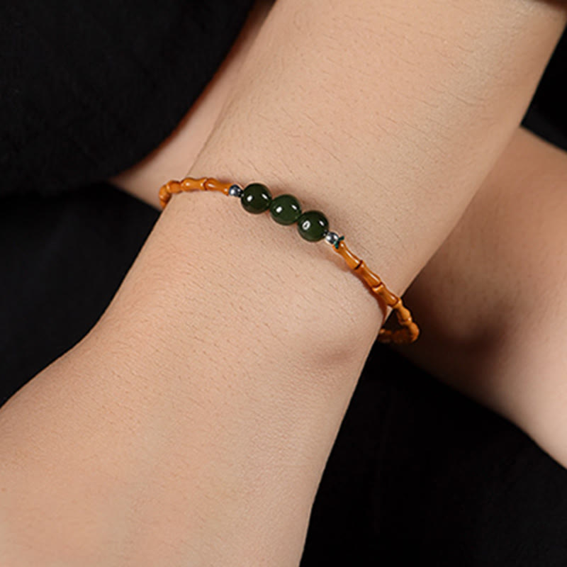 Mythstone Natural Olive Pit Bamboo Pattern Hetian Jade Beads Luck Bracelet