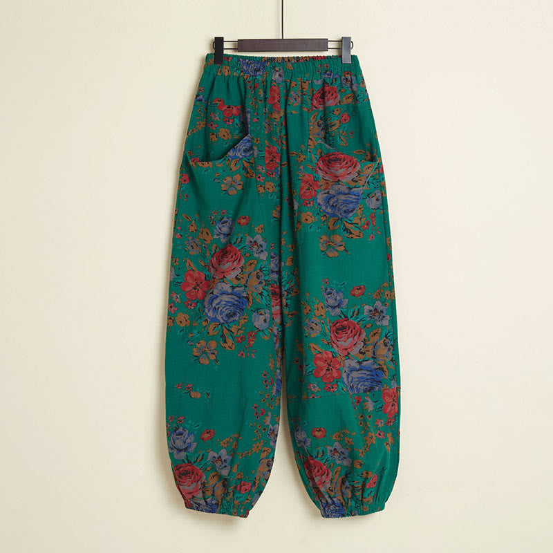 Pantalones harén de lino y algodón con estampado de grafiti geométrico y flores informales de Mythstone con bolsillos 