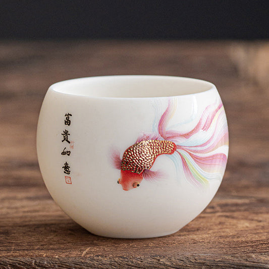 Mythstone Koi Fish White Porcelain Ceramic Teacup Kung Fu Tea Cup