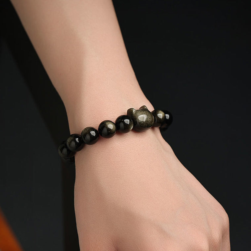 Mythstone Gold Sheen Obsidian Silver Sheen Obsidian Lovely Paw Lucky Cat Protection Bracelet