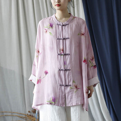 Mythstone Pink Flower Print Frog-button Design Batwing Long Sleeve Ramie Linen Jacket Shirt