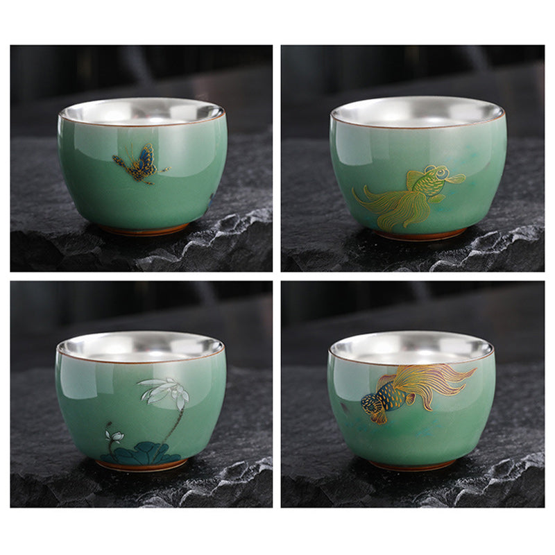 Mythstone 999 Sterling Silver Gilding Butterfly Goldfish Lotus Koi Fish Ceramic Teacup Kung Fu Tea Cup 120ml