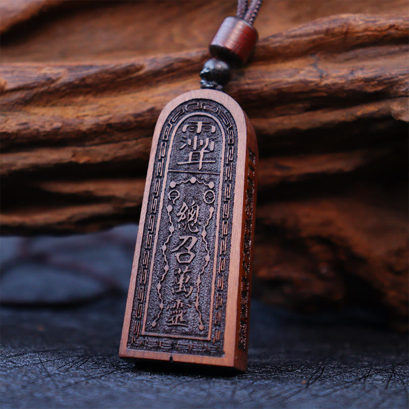 Mythstone Lightning Struck Jujube Wood Taoist Five Thunder Order Luck Protection Necklace Pendant