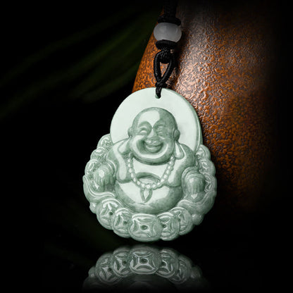 Mythstone Laughing Buddha Natural Jade Copper Coin Abundance Necklace Pendant